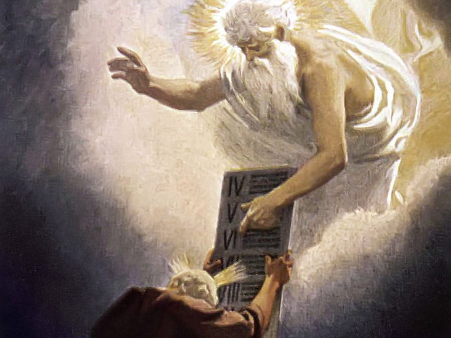 A c. 1900 CE peinture à l’huile de Gebhard Fugel ; Moise recevant les dix Commandements de Dieu sur le Mont Sinaï