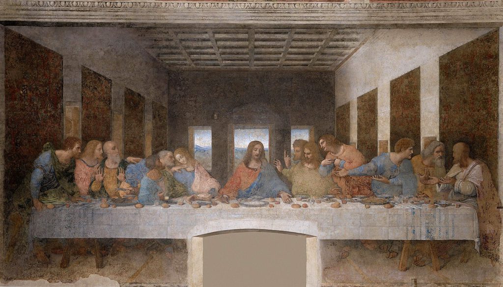 ameuse peinture de De Vinci illustrant le dernier repas que Jésus-Christ prit avec les douze Apôtres le soir du Jeudi saint, avant la Pâque juive