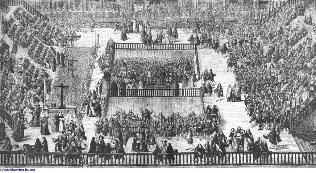 Illustration depicting the key elements of an auto-da-fé, or public sentencing, during the Spanish Inquisition. Plaza Mayor in Madrid, 1680