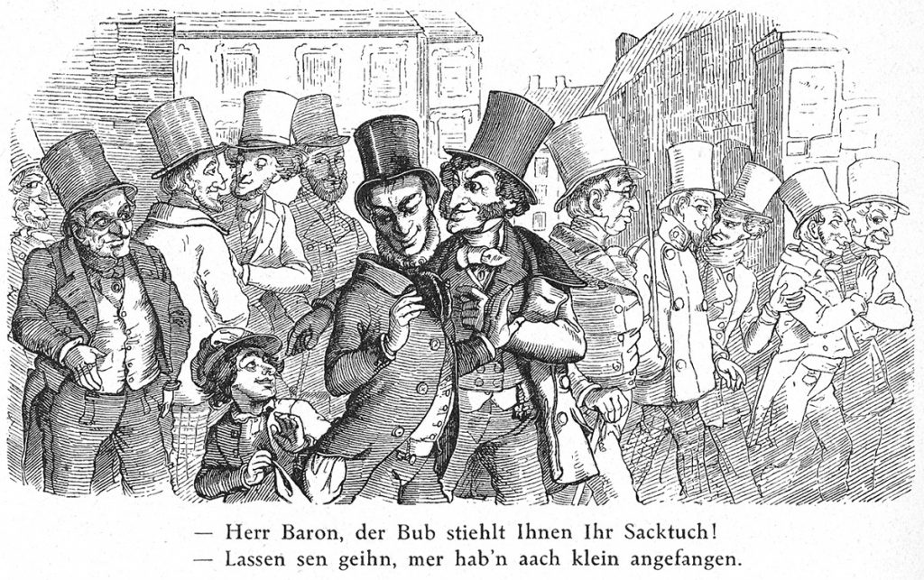 Caricature of Jewish stock-exchange speculators which appeared in the German satirical magazine Fliegende Blätter in 1851.
