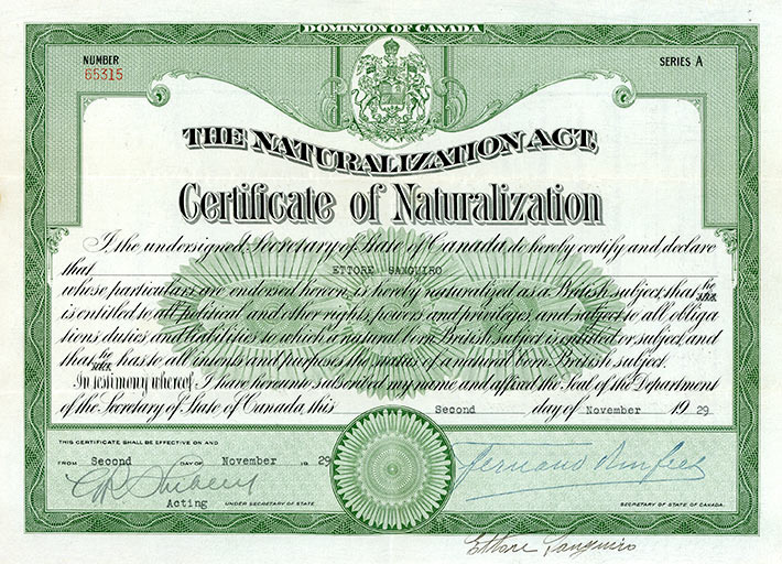 Certificat de naturalisation 1929