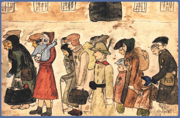13 years old. Drawing titled “Terezín arrival”.
