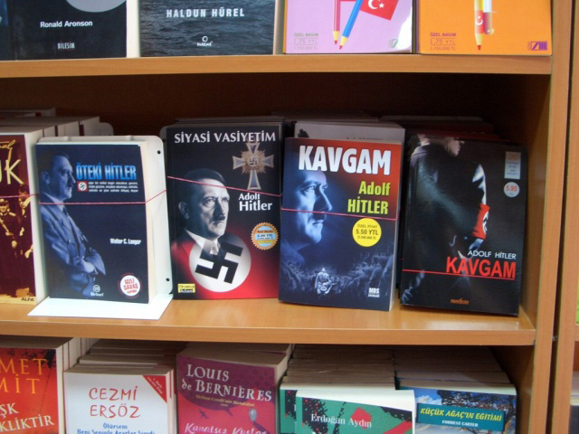 A copy of Adolf Hitler’s Mein Kampf is prominently displayed by a book vendor at Istanbul’s main train station, March 18, 2005. According to The Guardian, in March 2005 the book was a best seller in Turkey, reportedly selling over 100,000 copies in 2 months.